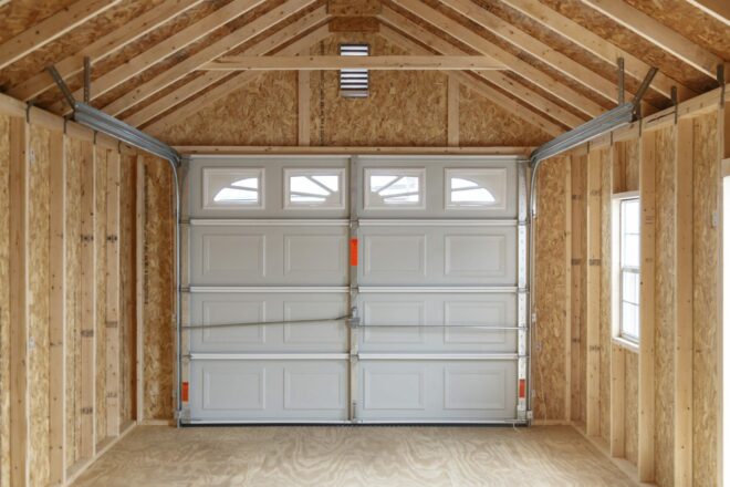 Inside shed facing garage door.