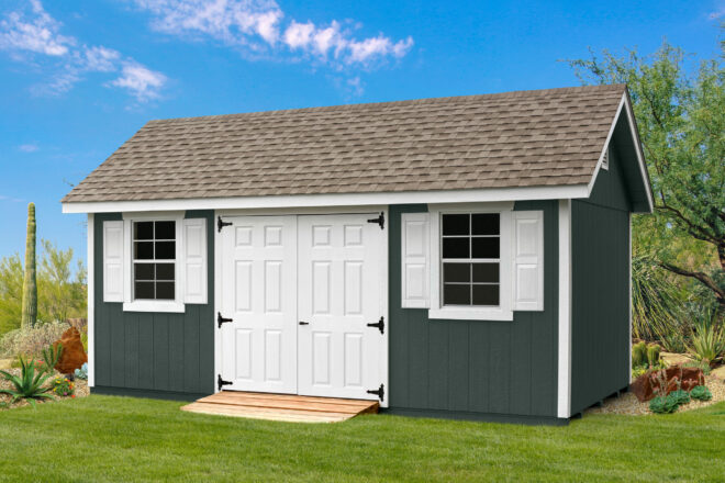 Green and white shed.