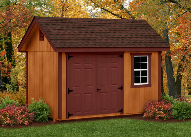 Rustic stained wood shed.